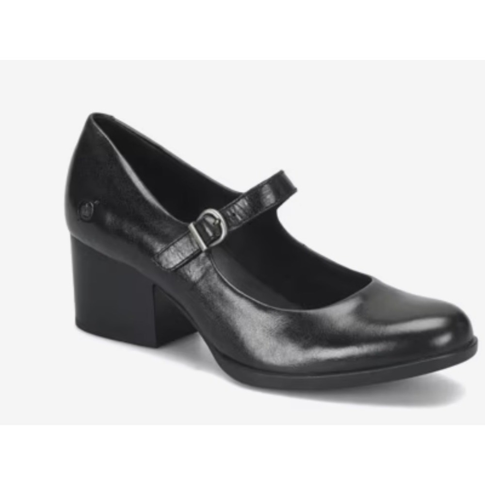 Born Kiki Black Leather Mary Jane Block Heels Round Toe Buckle Pump Shoes 9M